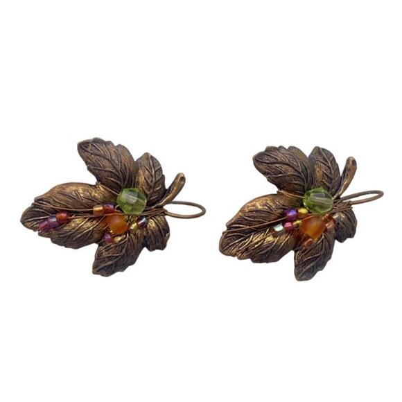 Cara Stimmel Ltd Leaf Beaded Center Earring Hook Closure Gold Tone - Picture 1 of 5